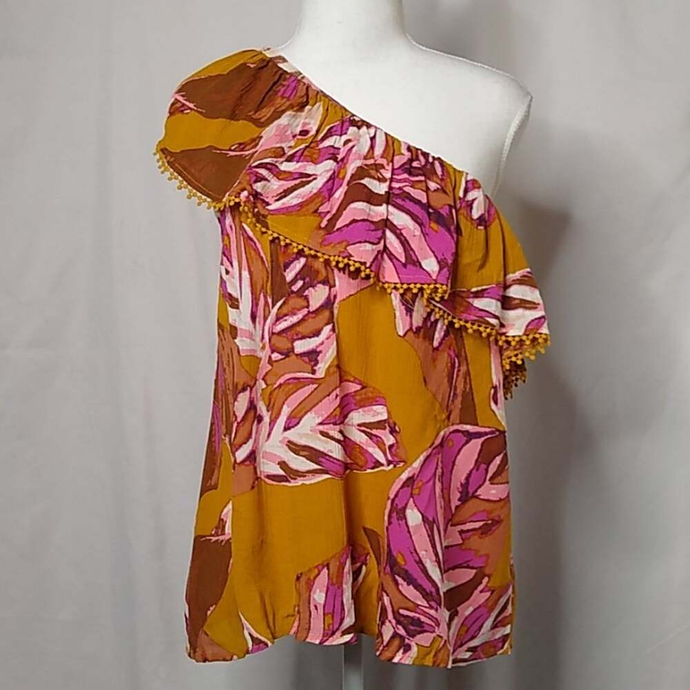 Mossimo One Shoulder Ruffle Floral Top Mustard Sm